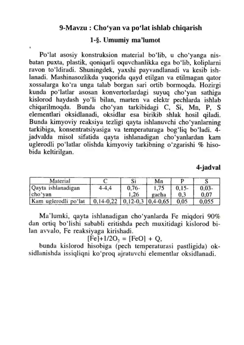 Cho‘yan va po‘lat ishlab chiqarish 1