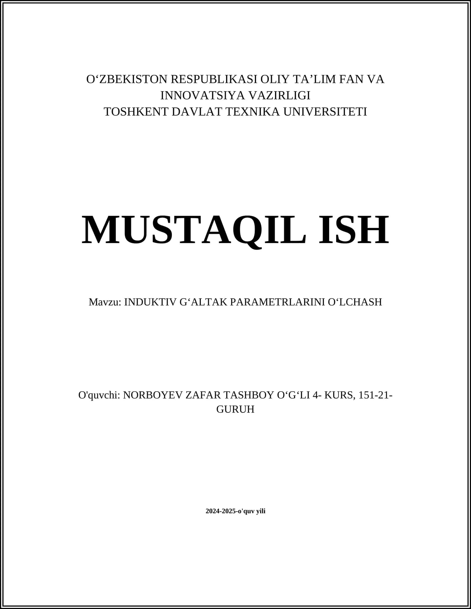 INDUKTIV GʻALTAK PARAMETRLARINI OʻLCHASH 1