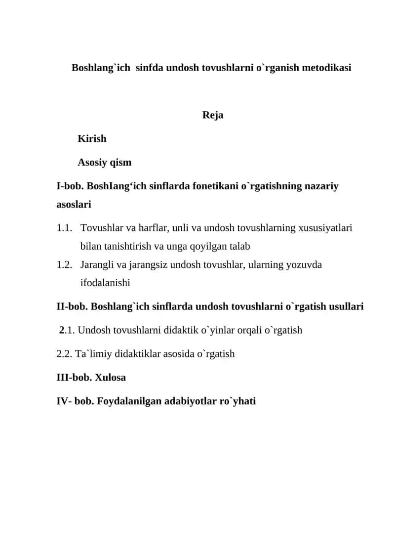 Boshlang`ich sinfda undosh tovushlarni o`rganish metodikasi 1