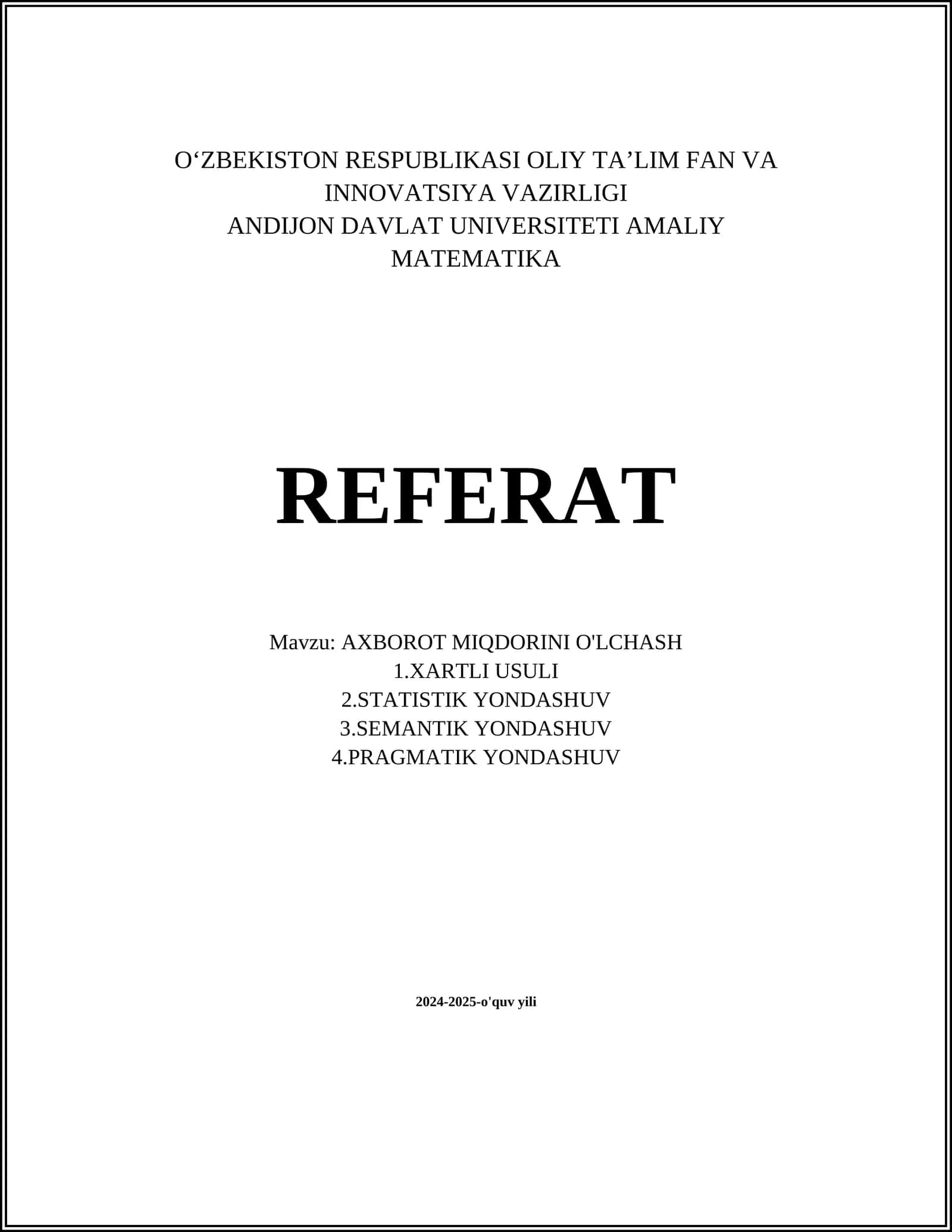 AXBOROT MIQDORINI O'LCHASH 1