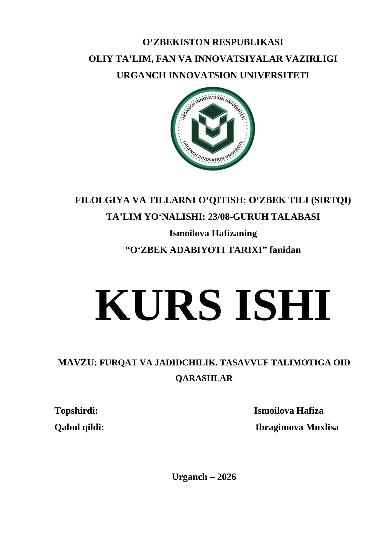 FURQAT VA JADIDCHILIK .TASAVVUF TALIMOTIGA OID QARASHLAR 1