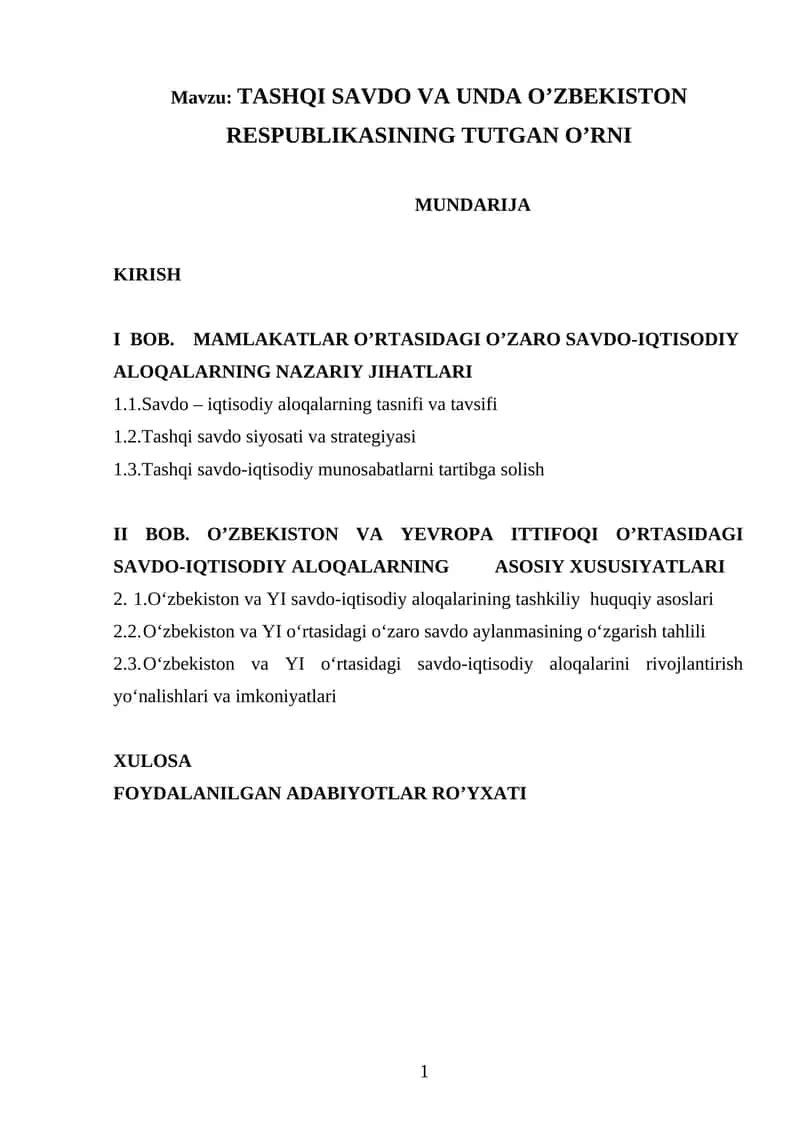 TASHQI SAVDO VA UNDA O’ZBEKISTON RESPUBLIKASINING TUTGAN O’RNI 1
