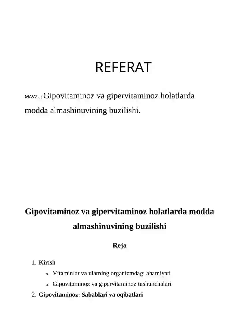 gipovitaminoz va gipervitaminoz haqida referat