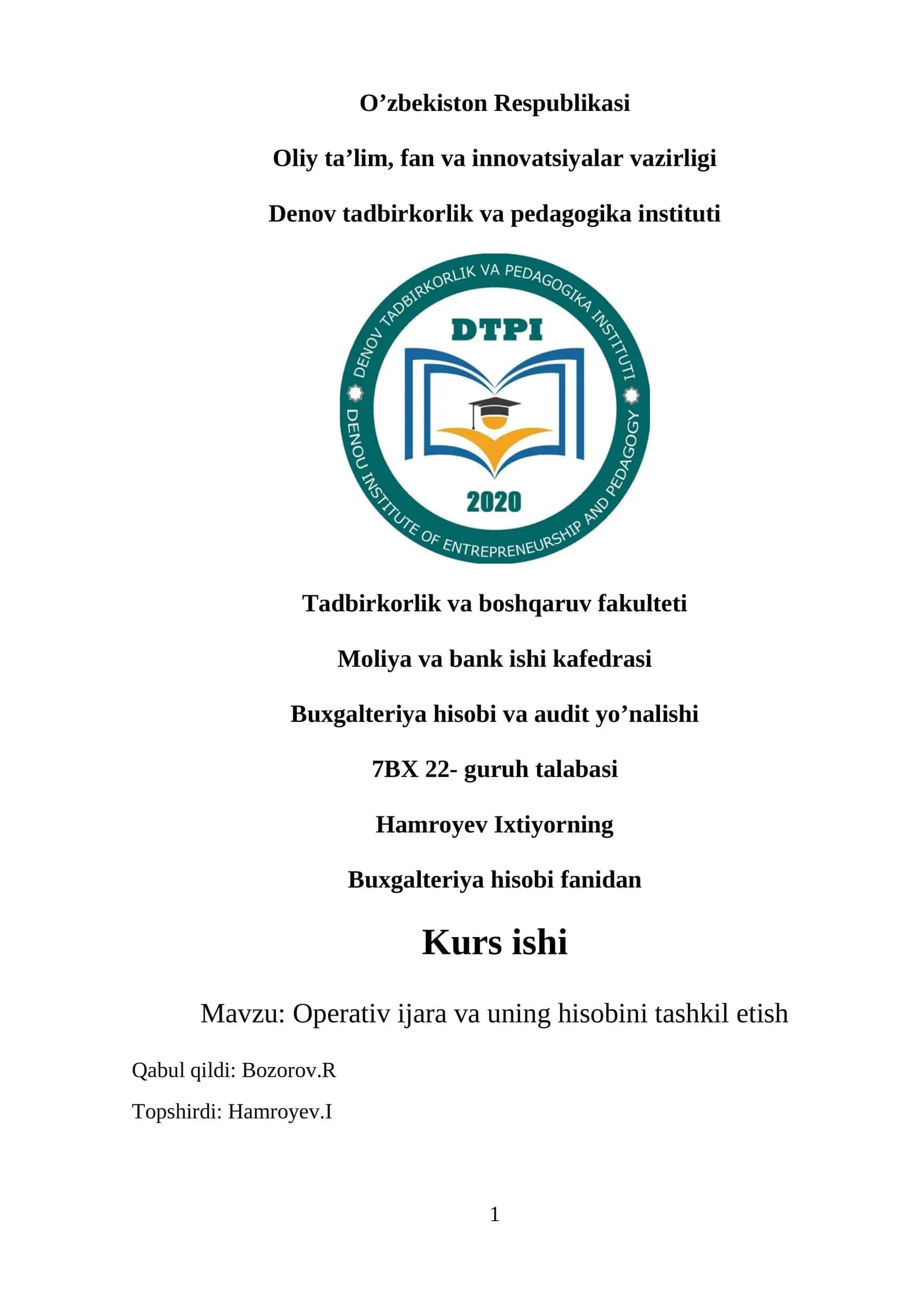 Operativ ijara va uning hisobini tashkil etish 1