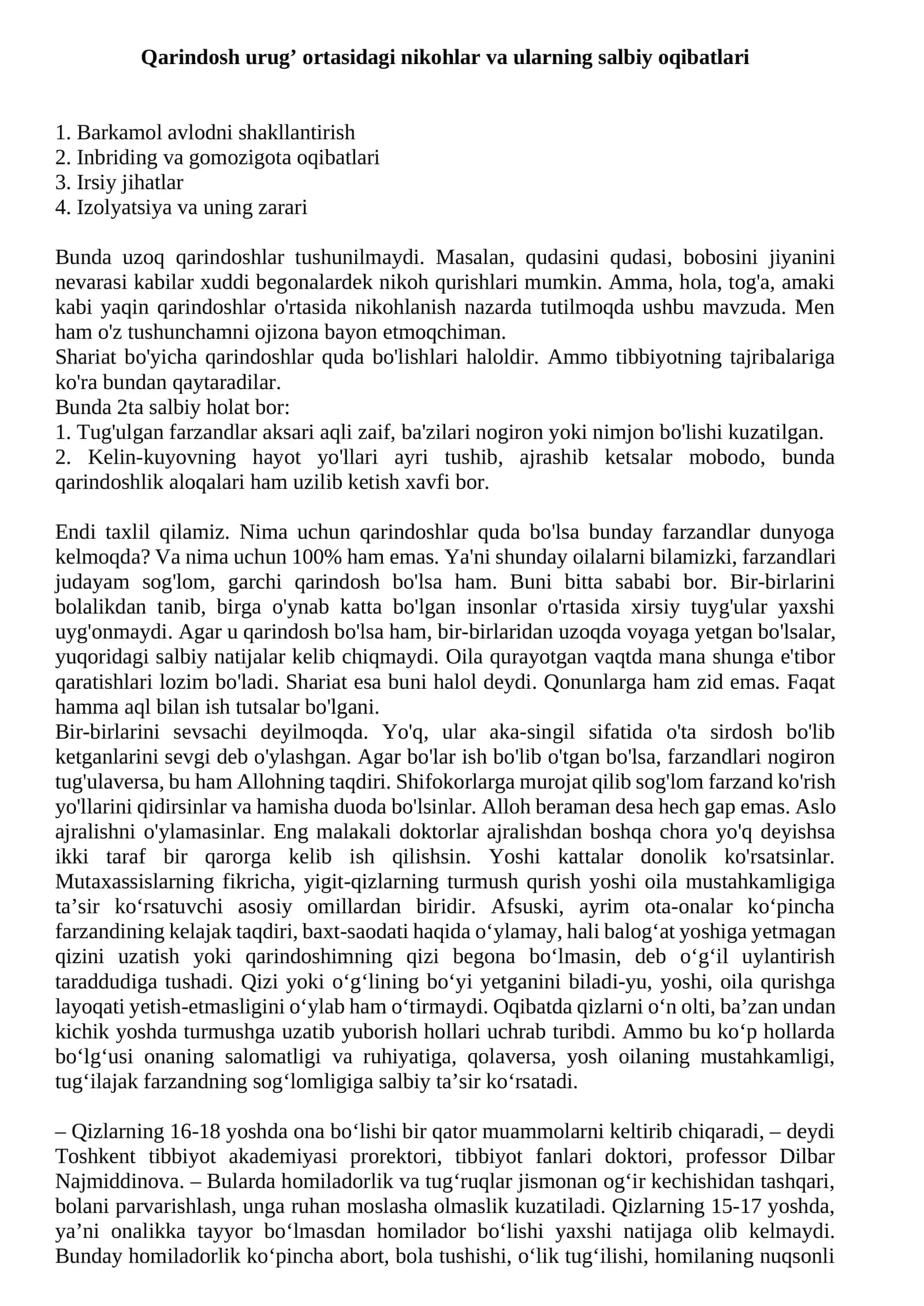 Qarindosh urug’ o'rtasidagi nikohlar va ularning salbiy oqibatlari 1