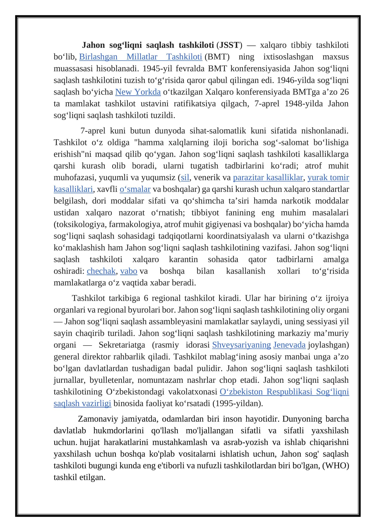 Jahon sog'liqni saqlash tashkiloti(JSST) 1