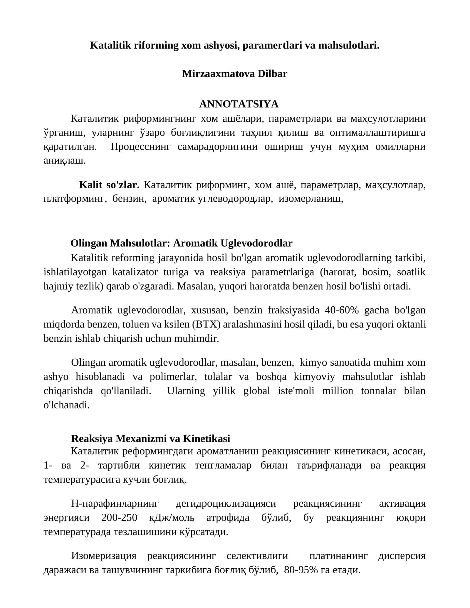 Katalitik riforming xom ashyosi, parametrlari va mahsulotlari 1