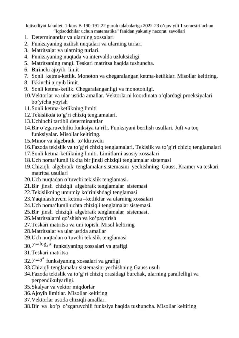 Iqtisodchilar uchun matematika 1