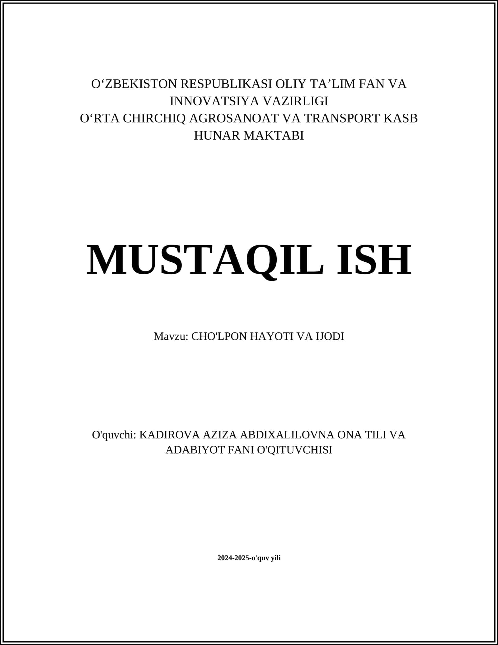 CHO'LPON HAYOTI VA IJODI 1