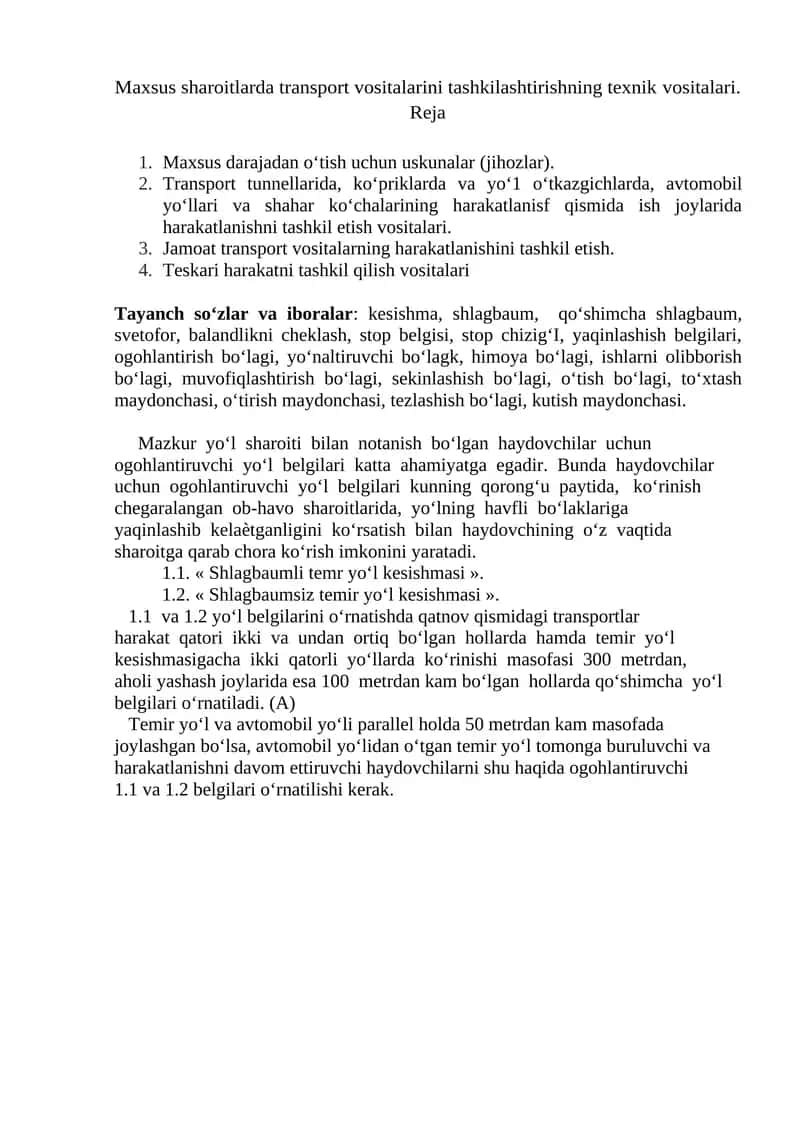 Maxsus sharoitlarda transport vositalarini tashkilashtirishning texnik vositalari. 1