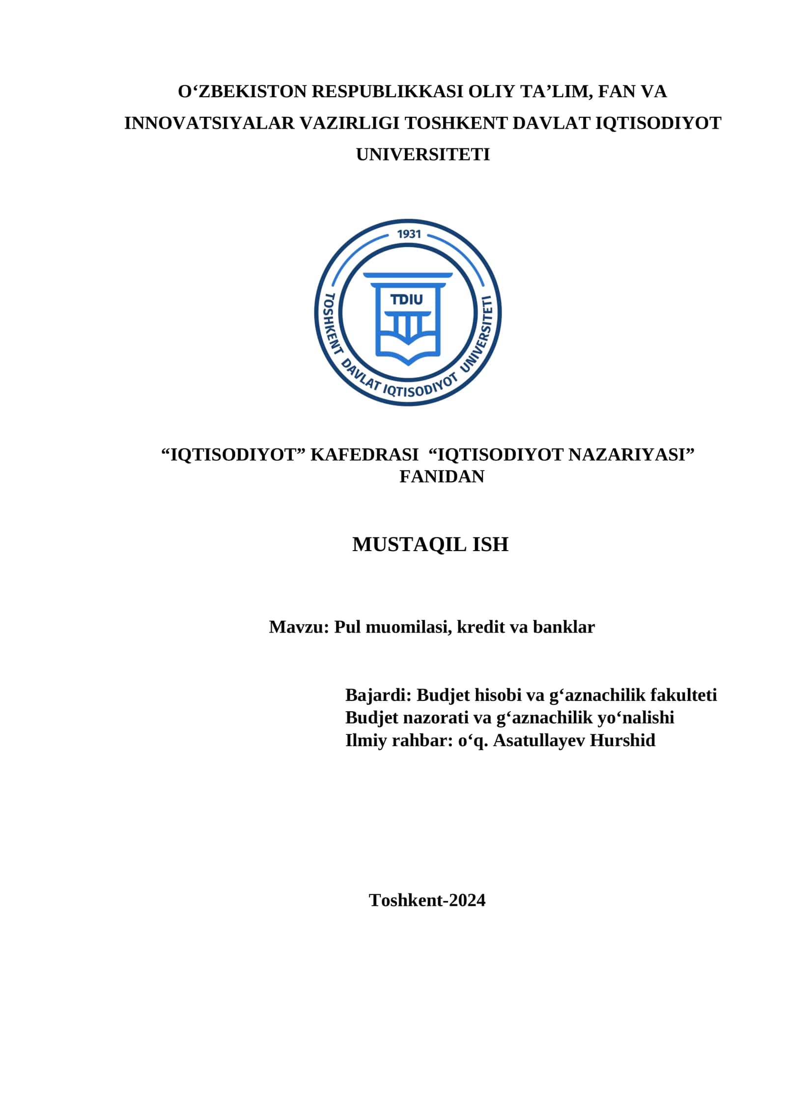 Pul muomilasi, kredit va banklar 1