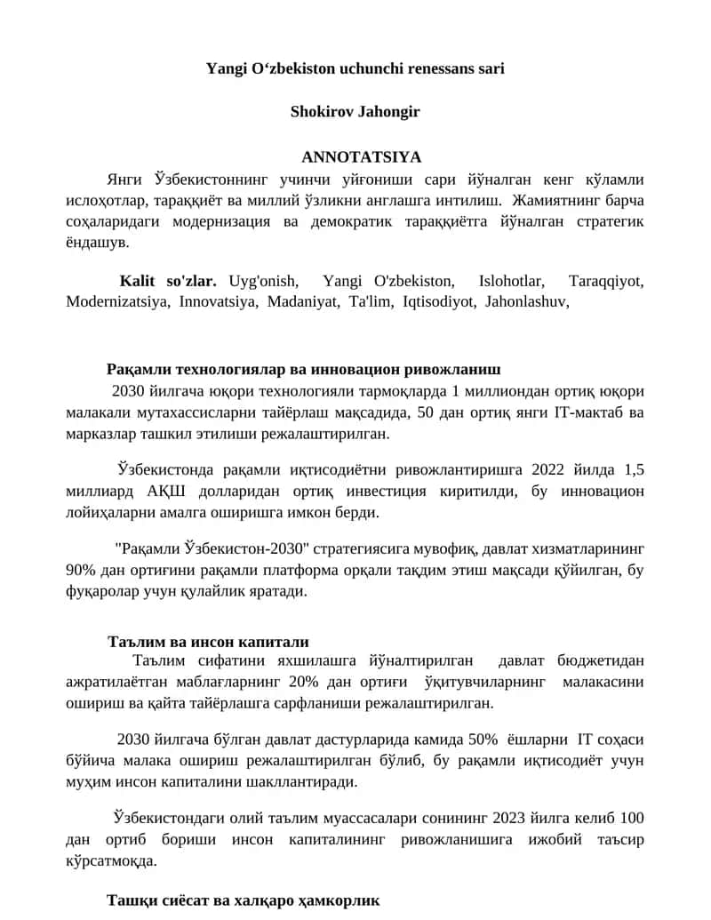 Yangi Oʻzbekiston uchunchi renessans sari 1