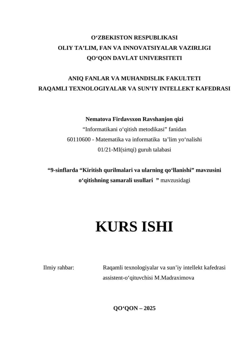Kiritish qurilmalari va ularning qo‘llanishi” mavzusini o‘qitishning samarali usullari 1