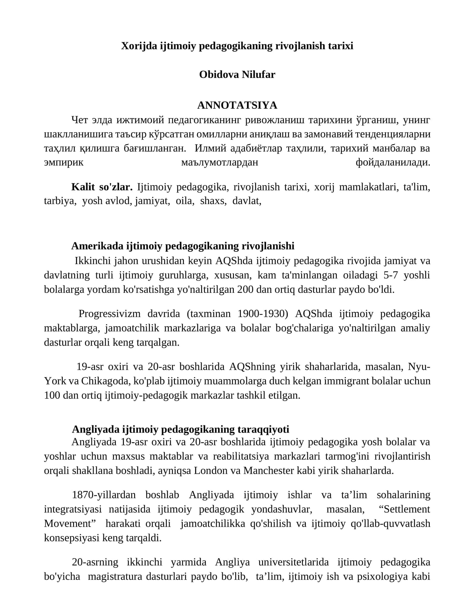 Xorijda ijtimoiy pedagogikaning rivojlanish tarixi 1