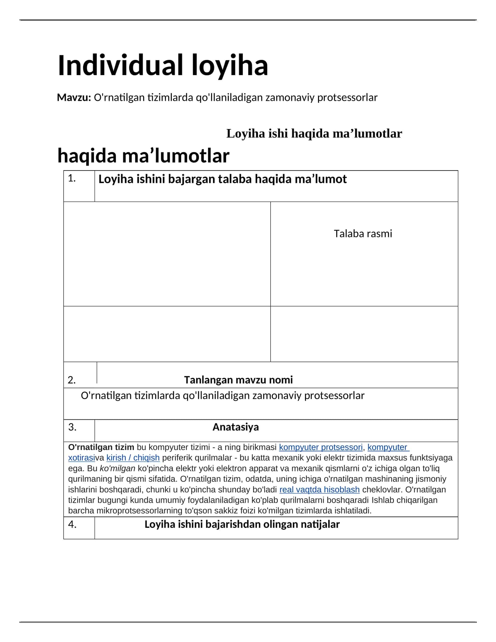 O'rnatilgan tizimlarda qo'llaniladigan zamonaviy protsessorlar 1