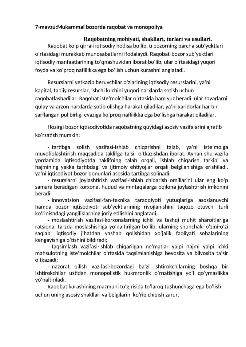 Mukammal bozorda raqobat va monopoliya 1