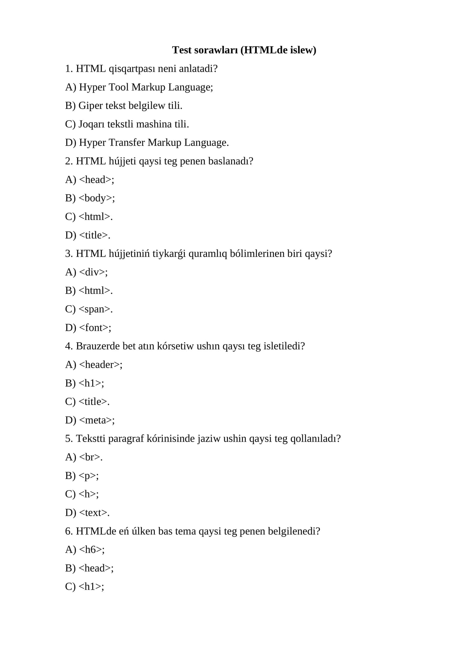 Test sorawları (HTMLde islew) 1