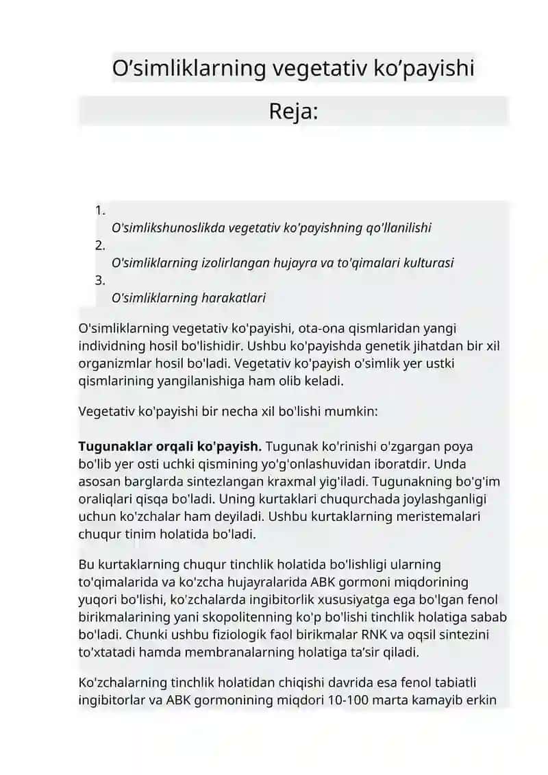 O'simliklarning vegetativ ko'payishi