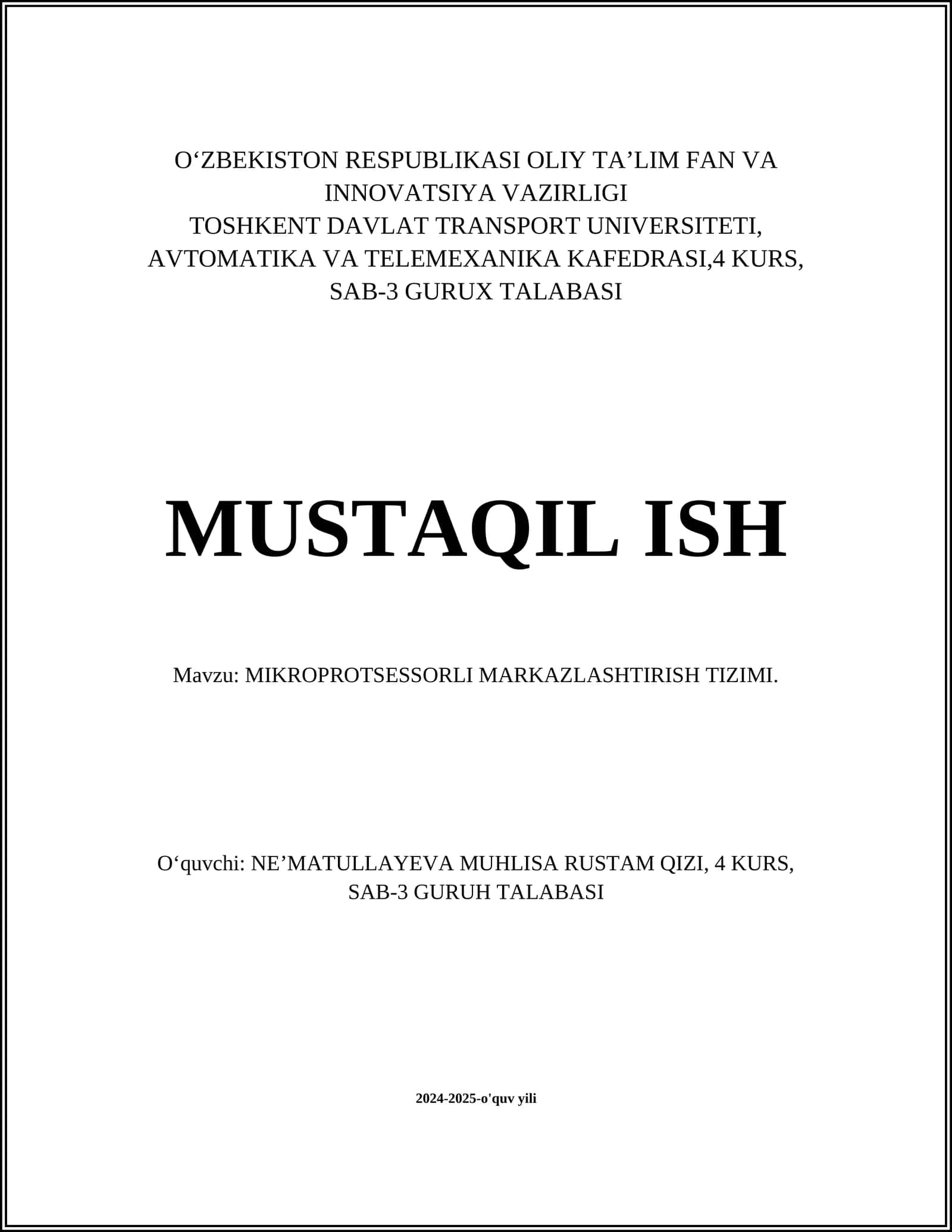 MIKROPROTSESSORLI MARKAZLASHTIRISH TIZIMI 1