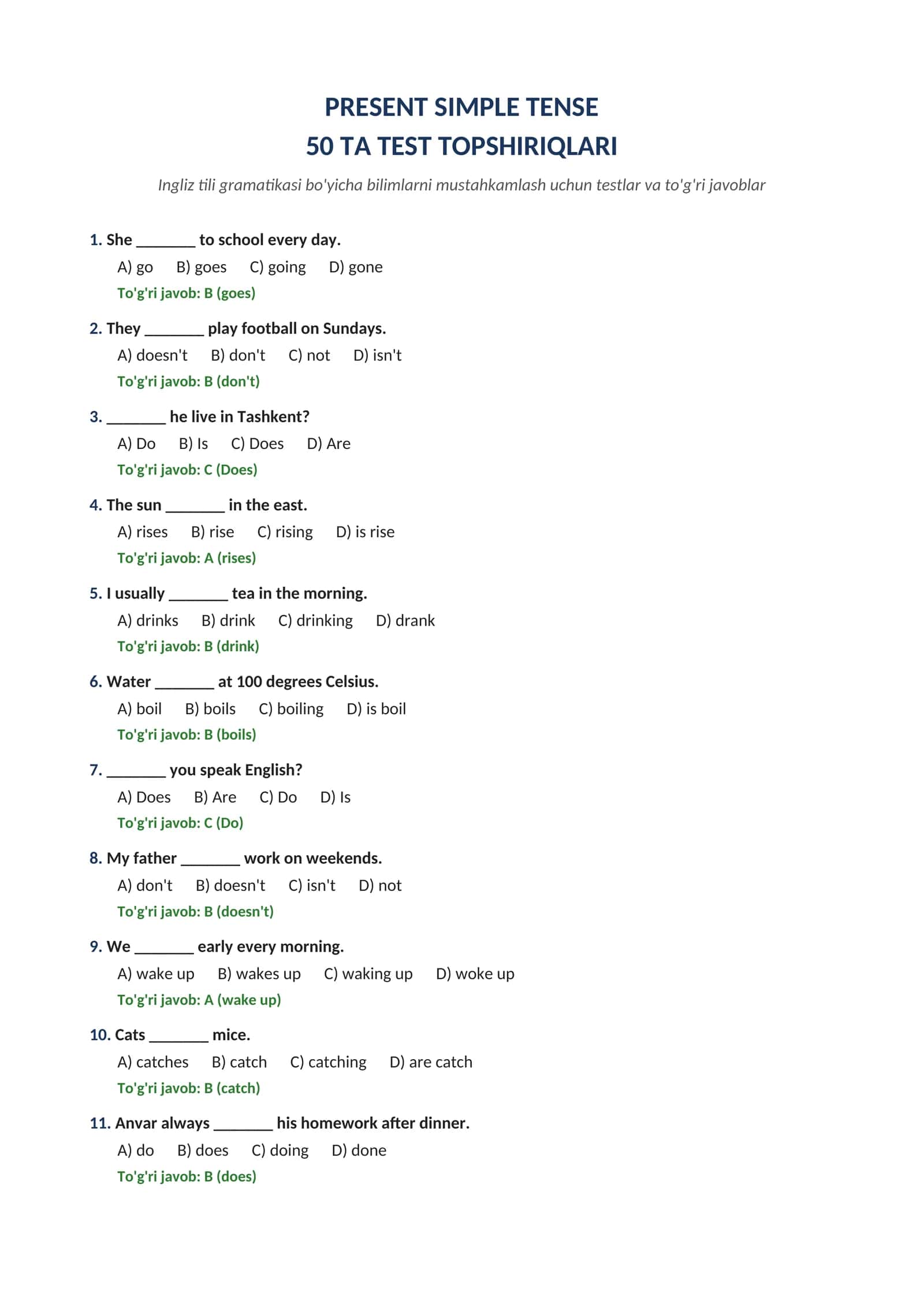 PRESENT SIMPLE TENSE 50 TA TEST TOPSHIRIQLARI JAVOBLARI BILAN 1