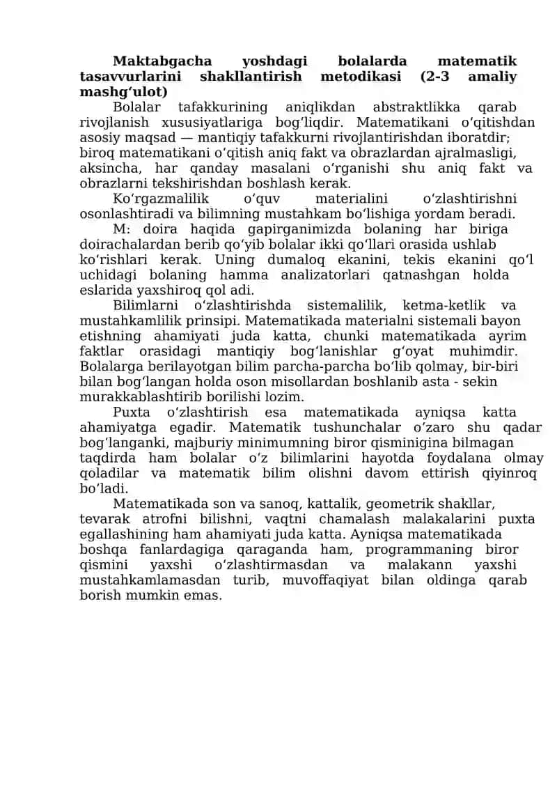 Matematik tasavvurlarini shakllantirish metodikasi
