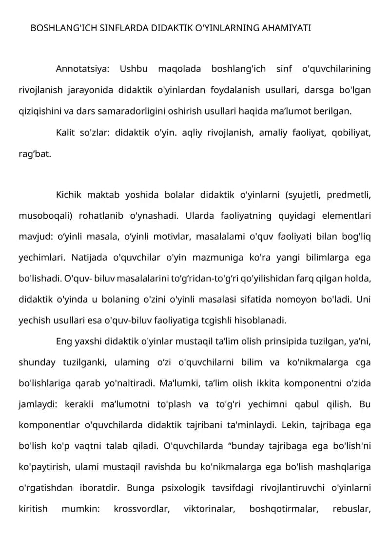 BOSHLANG'ICH SINFLARDA DIDAKTIK O'YINLARNING AHAMIYATI 1