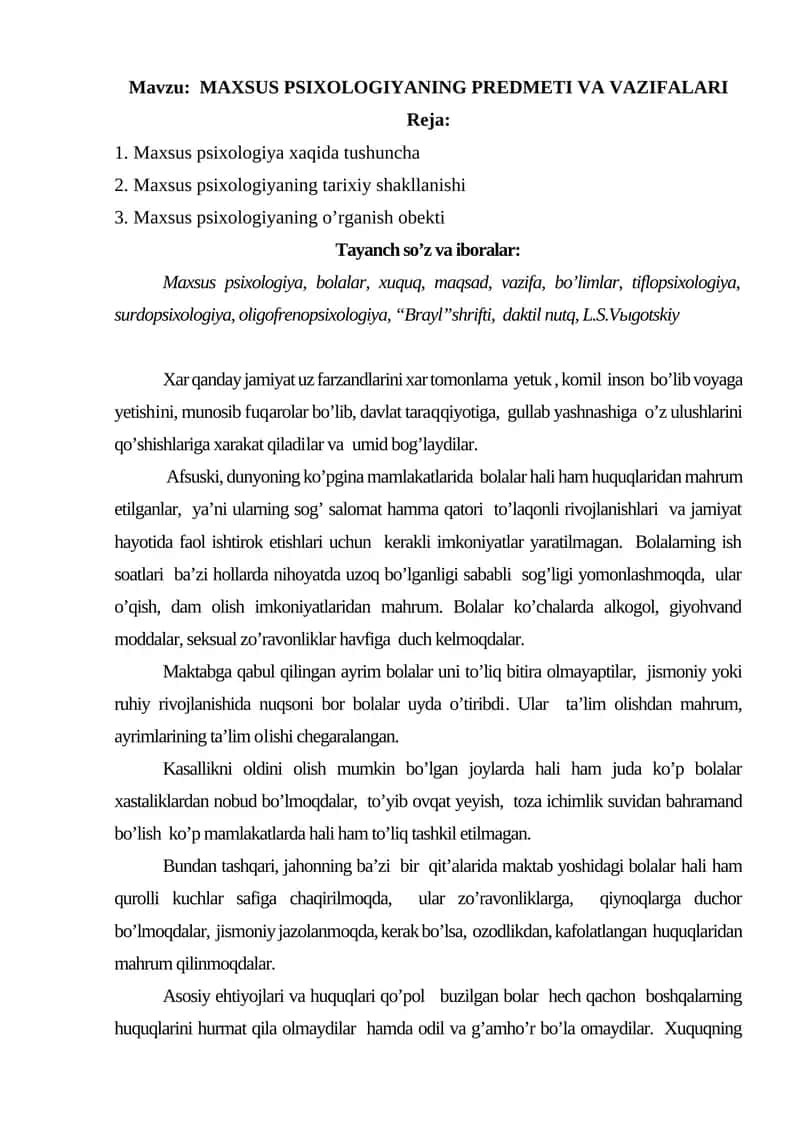 MAXSUS PSIXOLOGIYANING PREDMETI VA VAZIFALARI 1