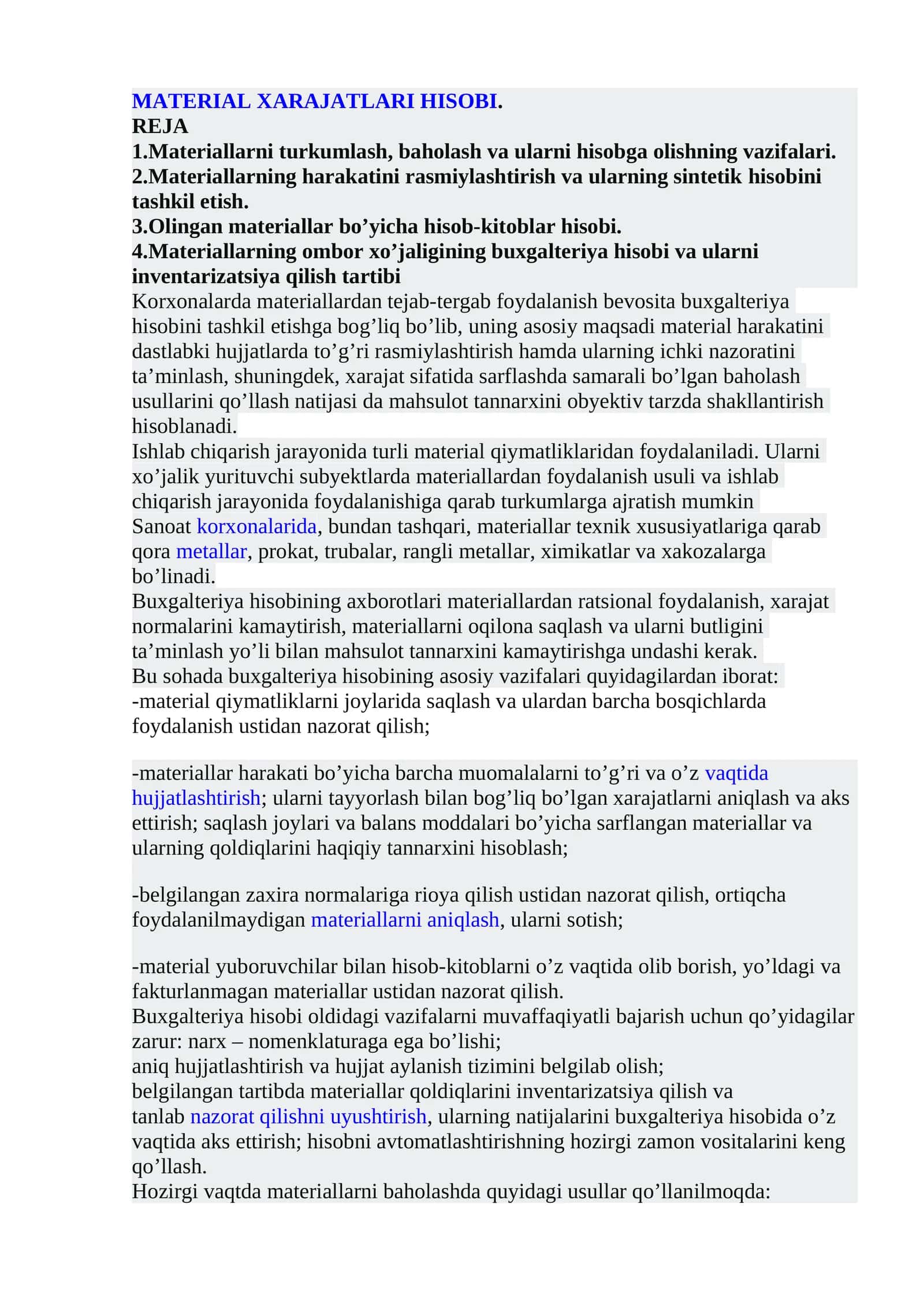 MATERIAL XARAJATLARI HISOBI 1