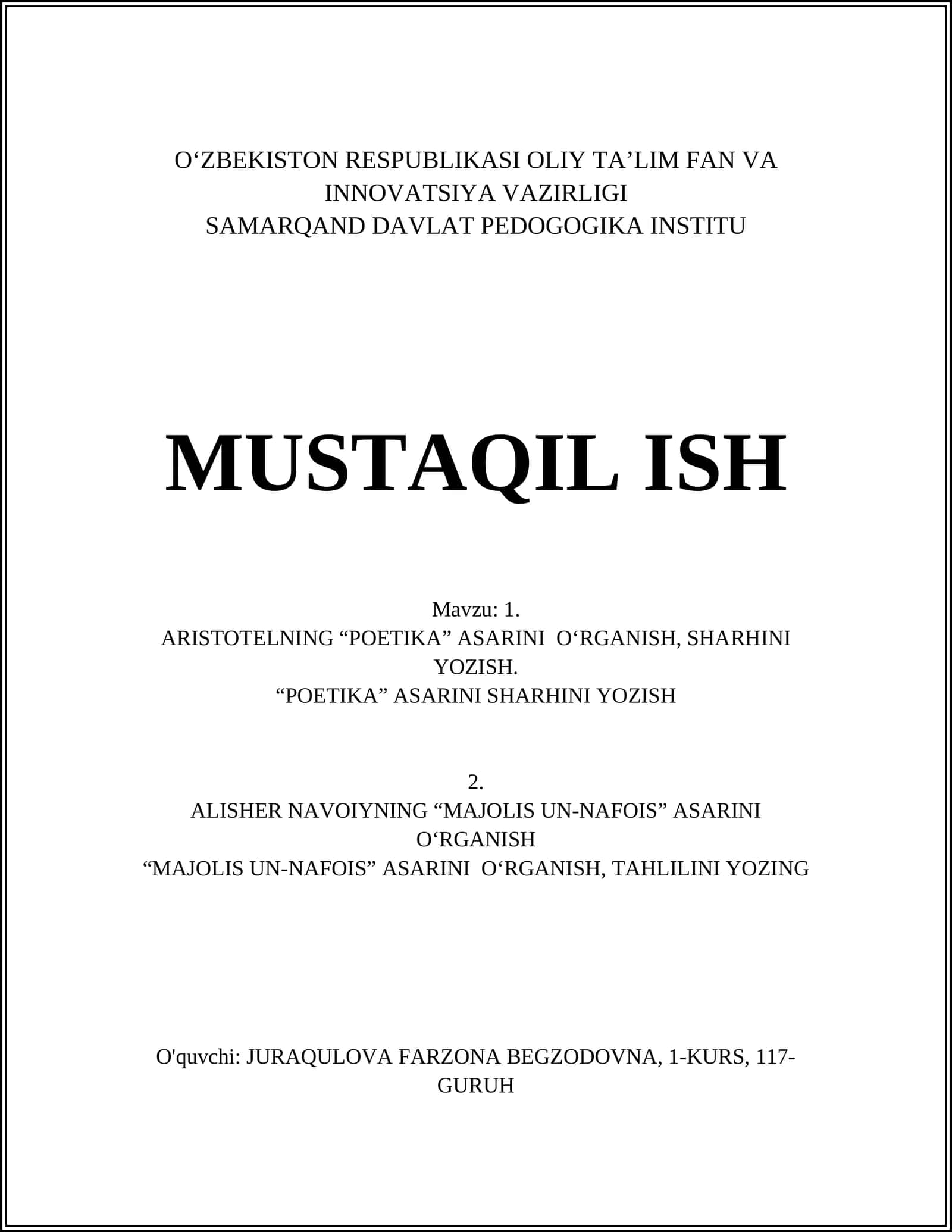 ARISTOTELNING “POETIKA” ASARINI O‘RGANISH, SHARHINI YOZISH 1