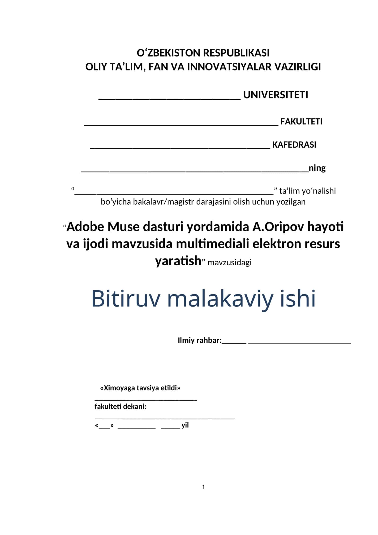 Adobe Muse dasturi yordamida A.Oripov hayoti va ijodi mavzusida multimediali elektron resurs yaratish 1