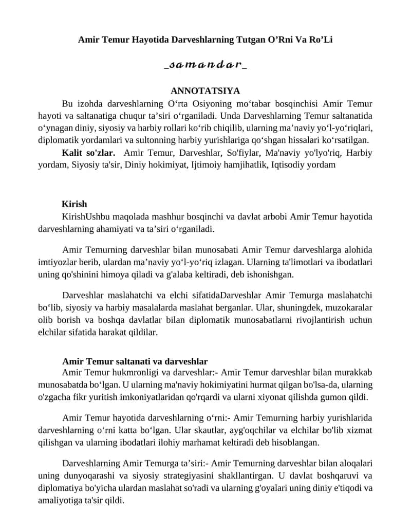 Amir Temur Hayotida Darveshlarning Tutgan O’Rni Va Ro’Li 1