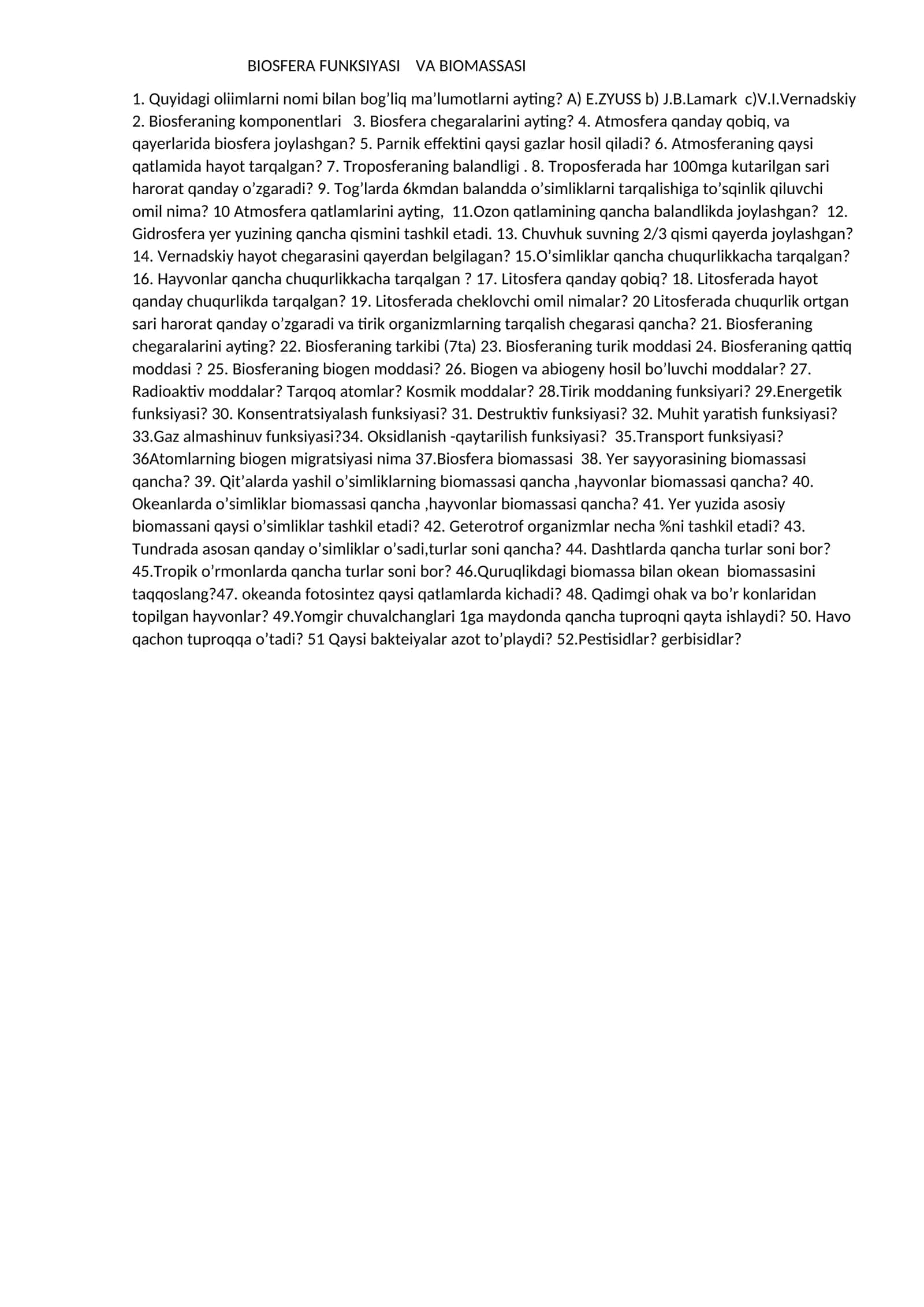 BIOSFERA FUNKSIYASI VA BIOMASSASI 1