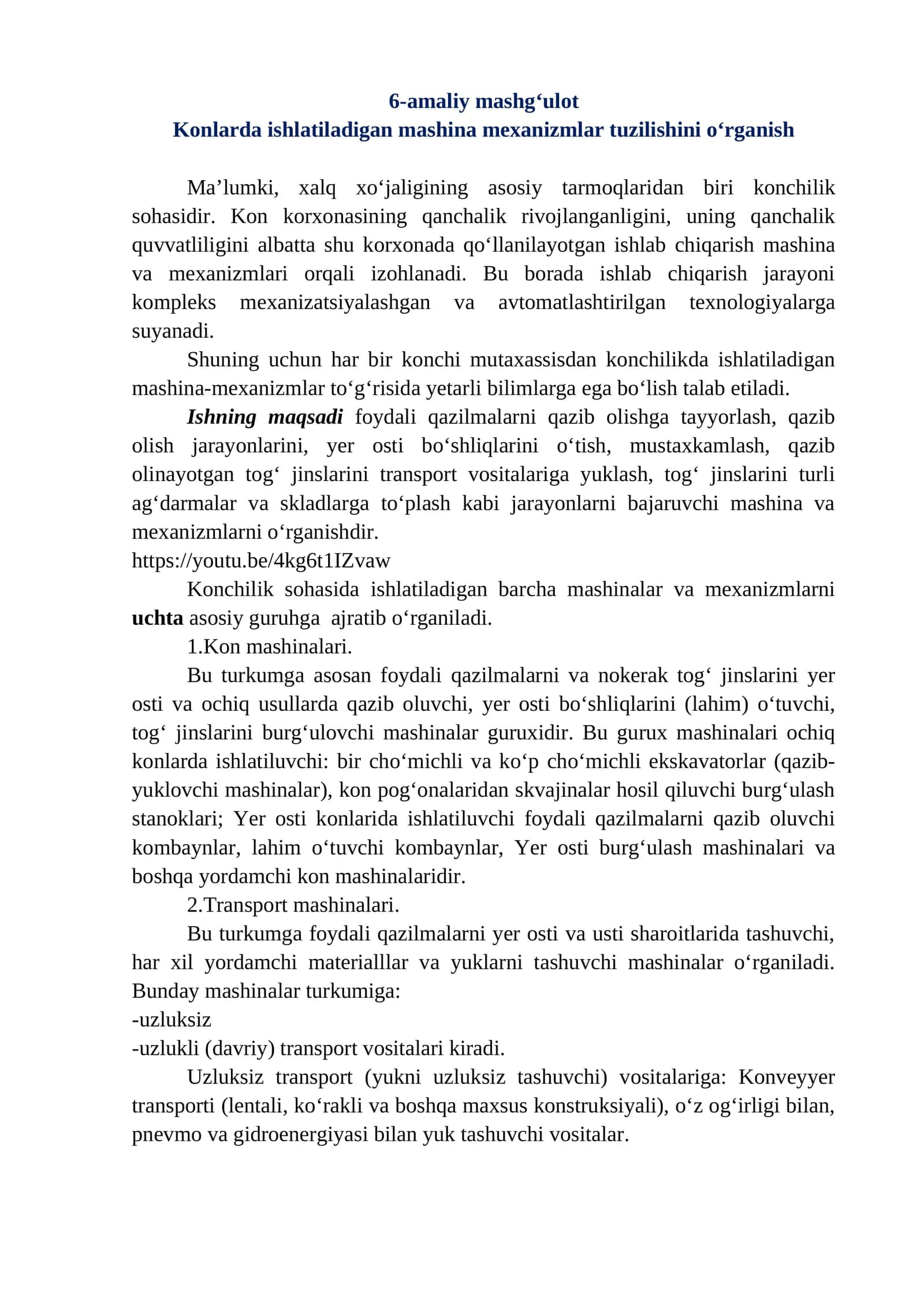 Konchilik sohasida ishlatiladigan mashina-mexanizmlar 1