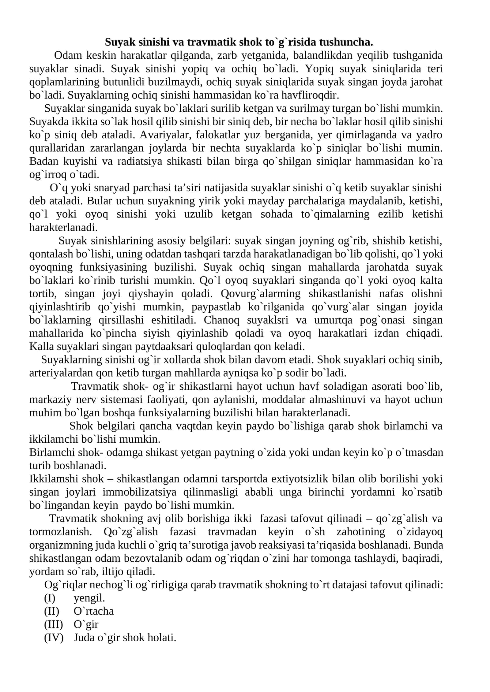 Suyak sinishi va travmatik shok to`g`risida tushuncha 1