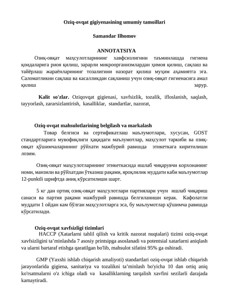 Oziq-ovqat gigiyenasining umumiy tamoillari 1