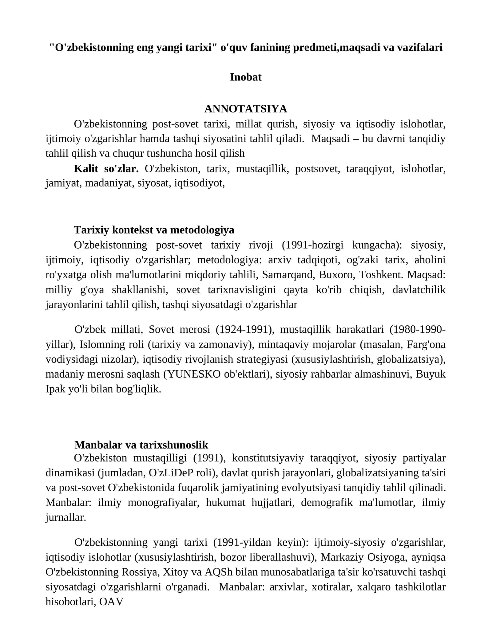 O'zbekistonning eng yangi tarixi" o'quv fanining predmeti,maqsadi va vazifalari 1