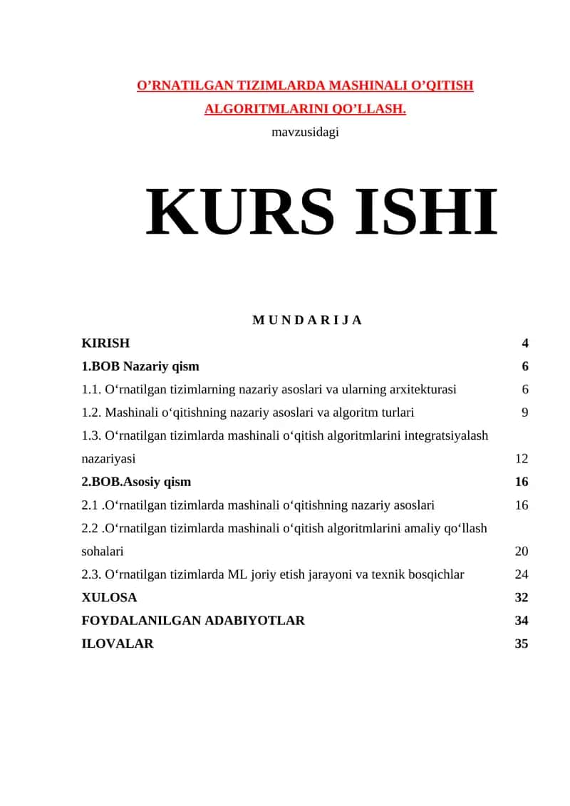 O’RNATILGAN TIZIMLARDA MASHINALI O’QITISH ALGORITMLARINI QO’LLASH 1