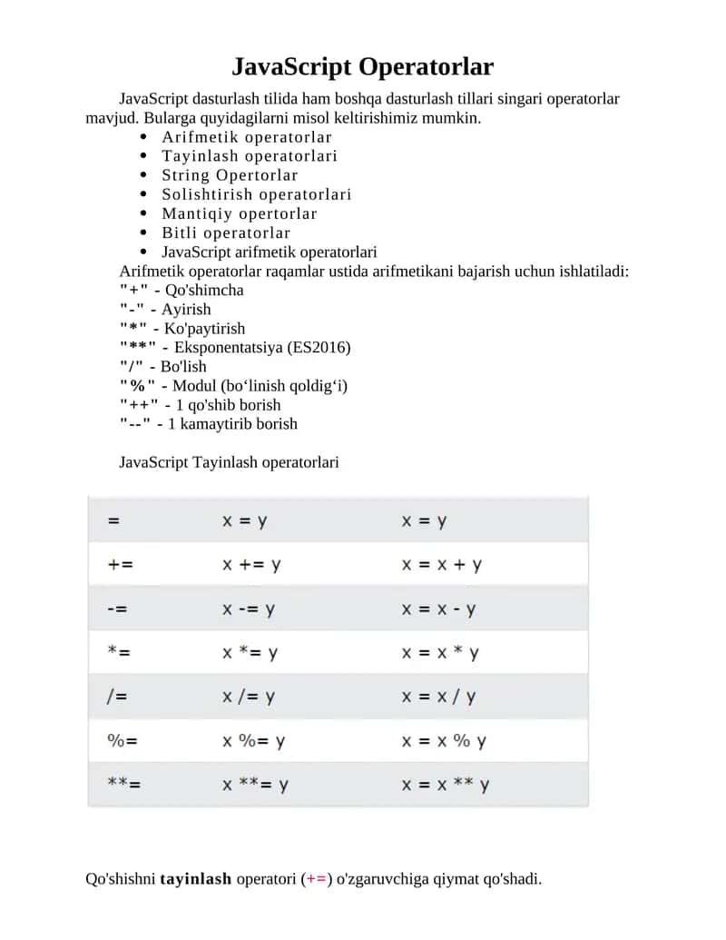 JavaScript Operatorlar 1