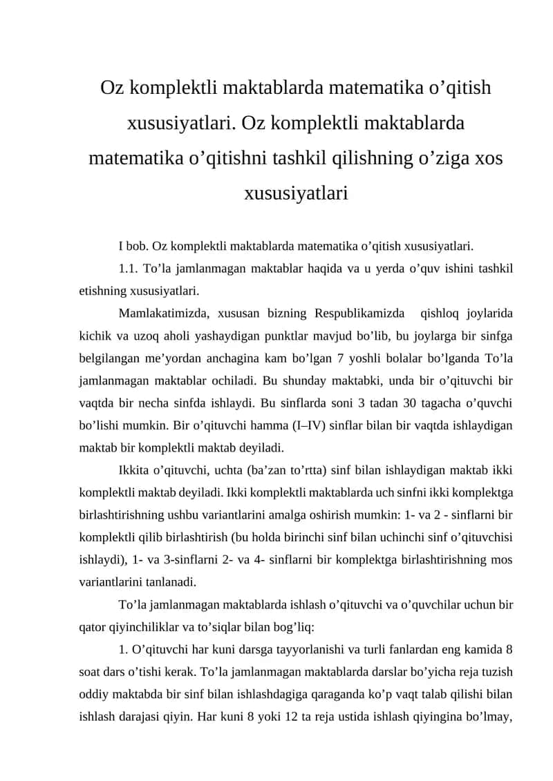 Oz komplektli maktablarda matematika o’qitish xususiyatlari 1