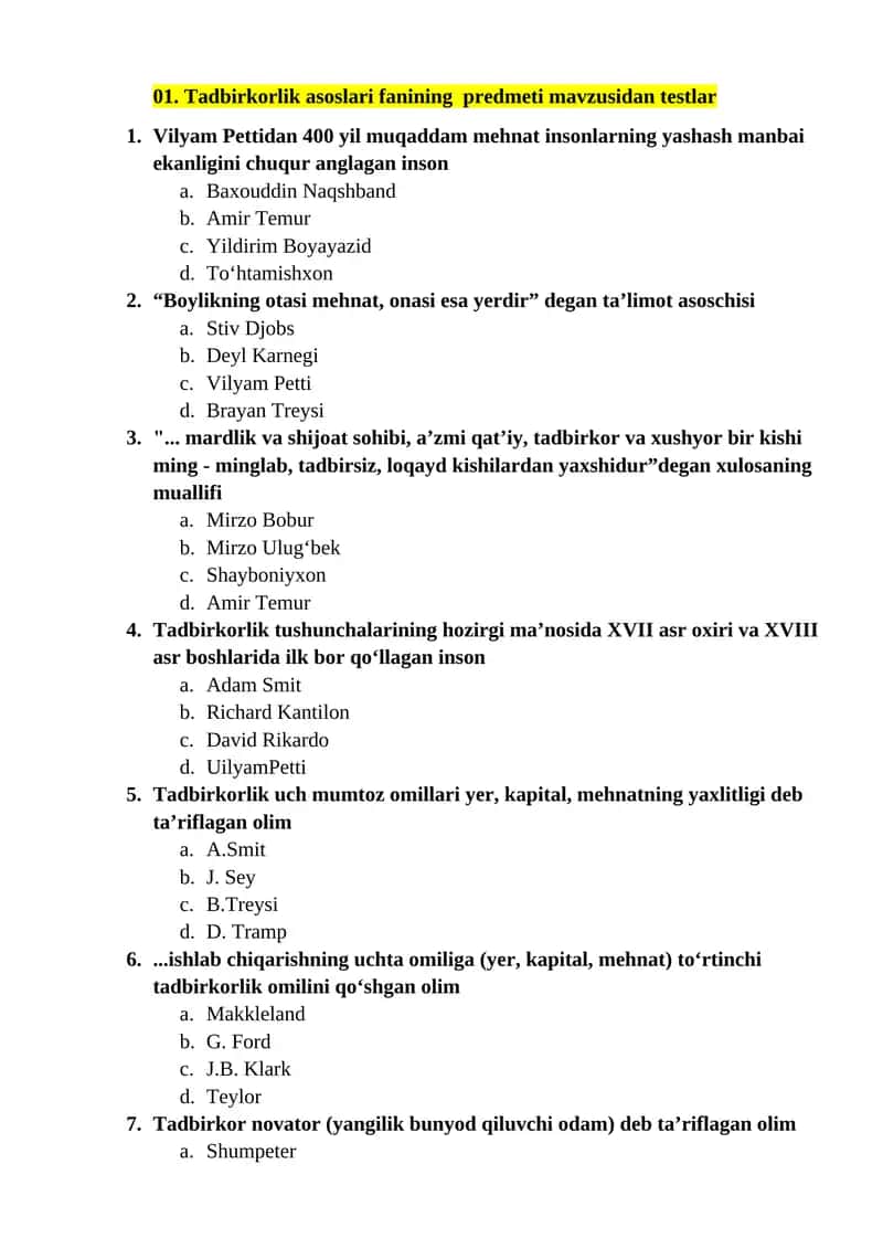 Tadbirkorlik asoslari fanining predmeti mavzusidan testlar 1