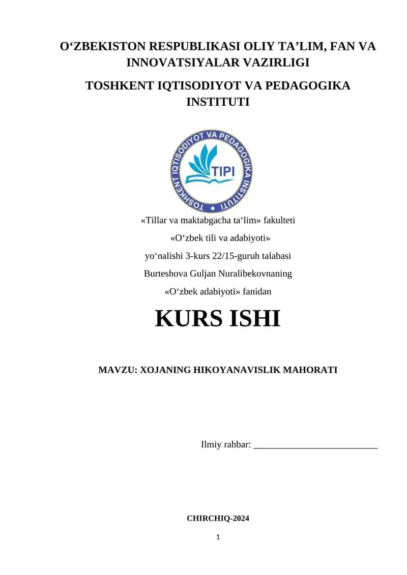 Hojaning hikoyanavislik mahoratikurs 1