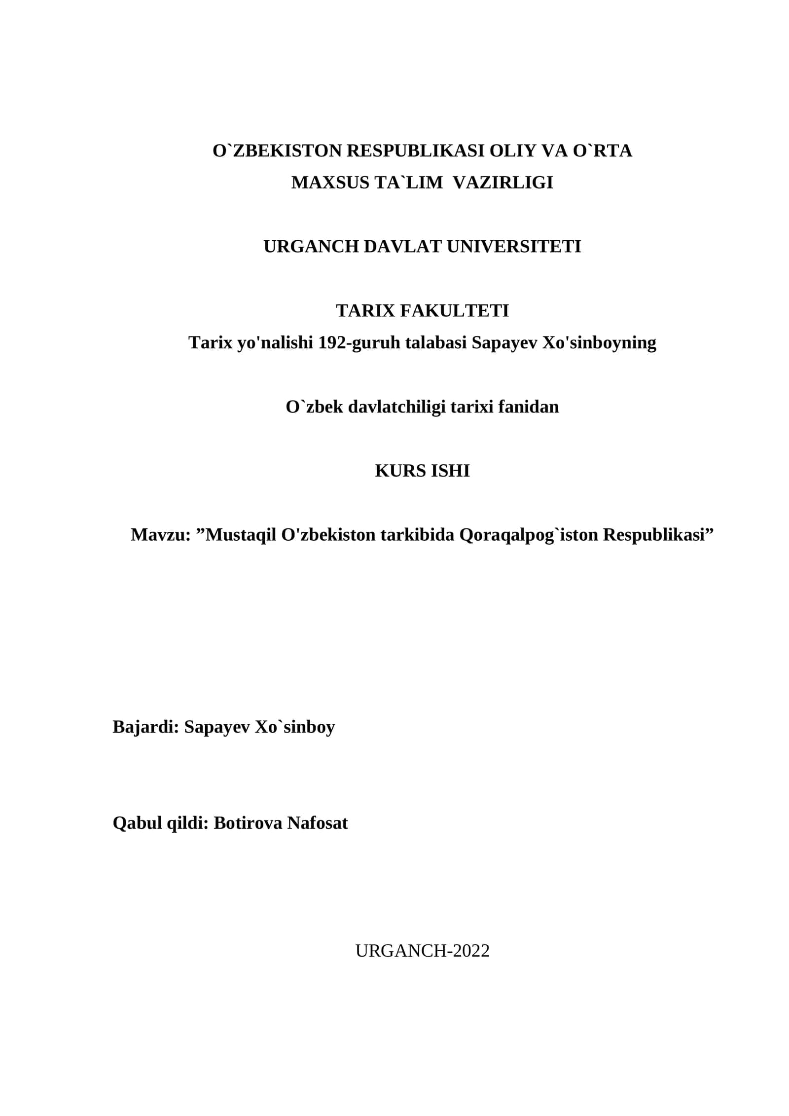 Mustaqil O'zbekiston tarkibida Qoraqalpog`iston Respublikasi 1