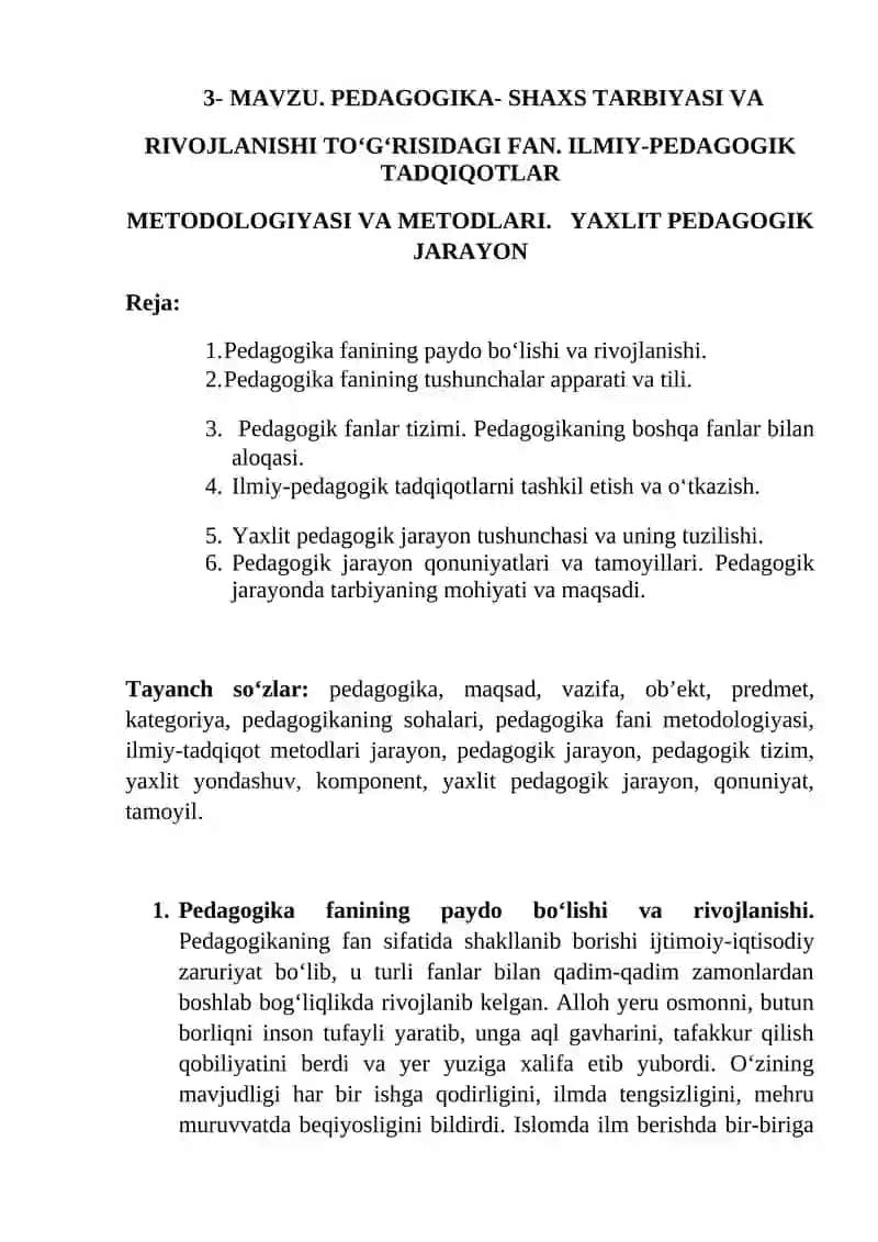 PEDAGOGIKA- SHAXS TARBIYASI VA RIVOJLANISHI TO‘G‘RISIDAGI FAN
