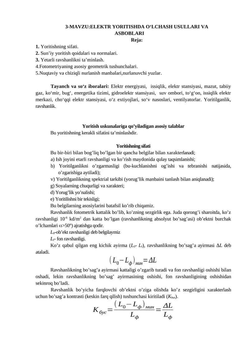 ELEKTR YORITISHDA O‘LCHASH USULLARI VA ASBOBLARI 1