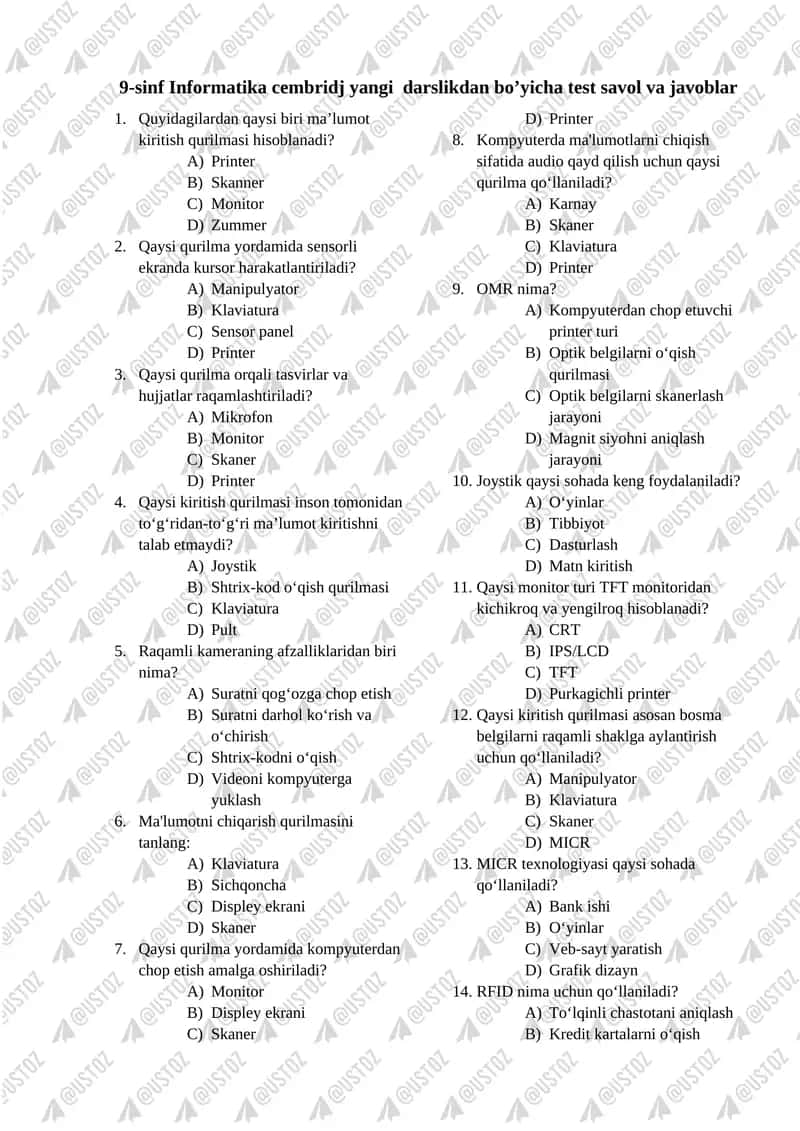 9-sinf Informatika cembridj yangi darslikdan bo’yicha test savol va javoblar 1