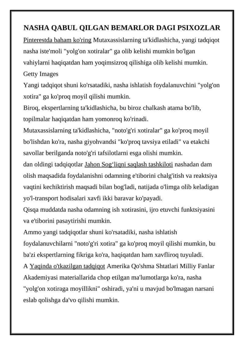 NASHA QABUL QILGAN BEMARLOR DAGI PSIXOZLAR 1