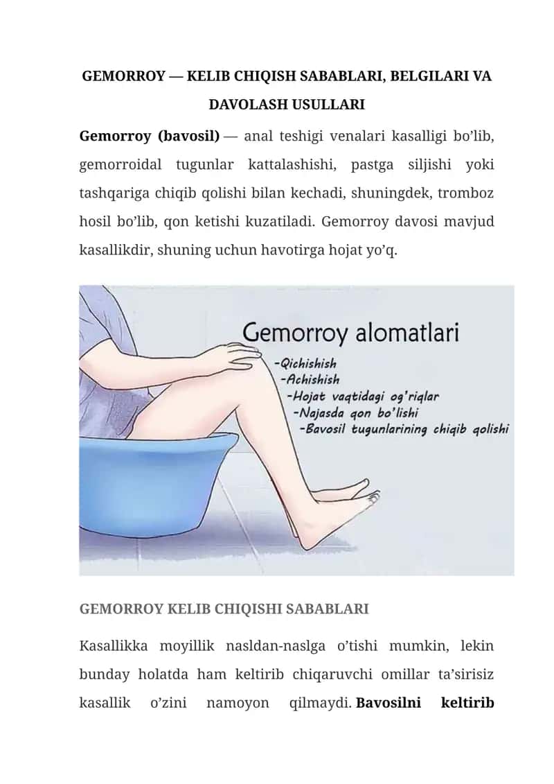 GEMORROY - KELIB CHIQISH SABABLARI, BELGILARI VA DAVOLASH USULLARI 1