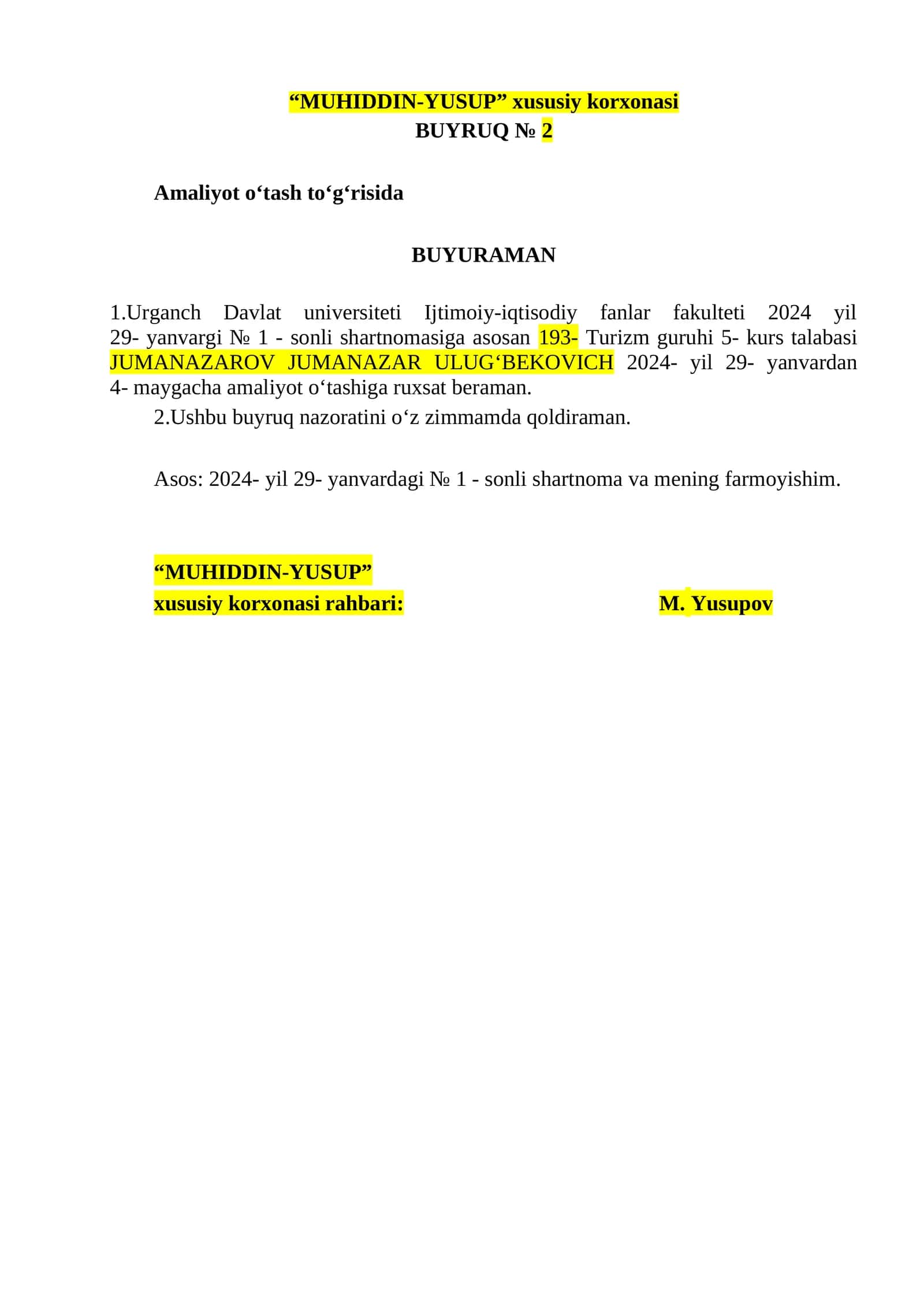 MUHIDDIN-YUSUP xususiy korxonasi BUYRUQ № 2 1