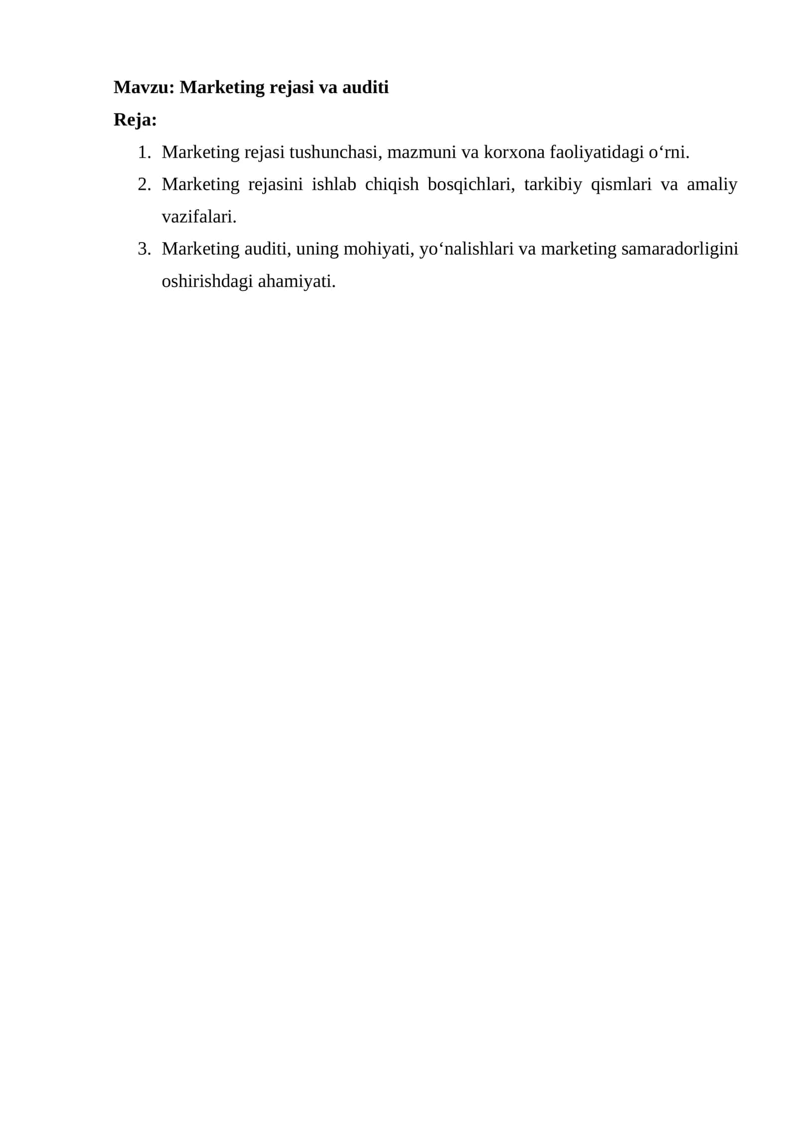 Marketing rejasi va auditi 1