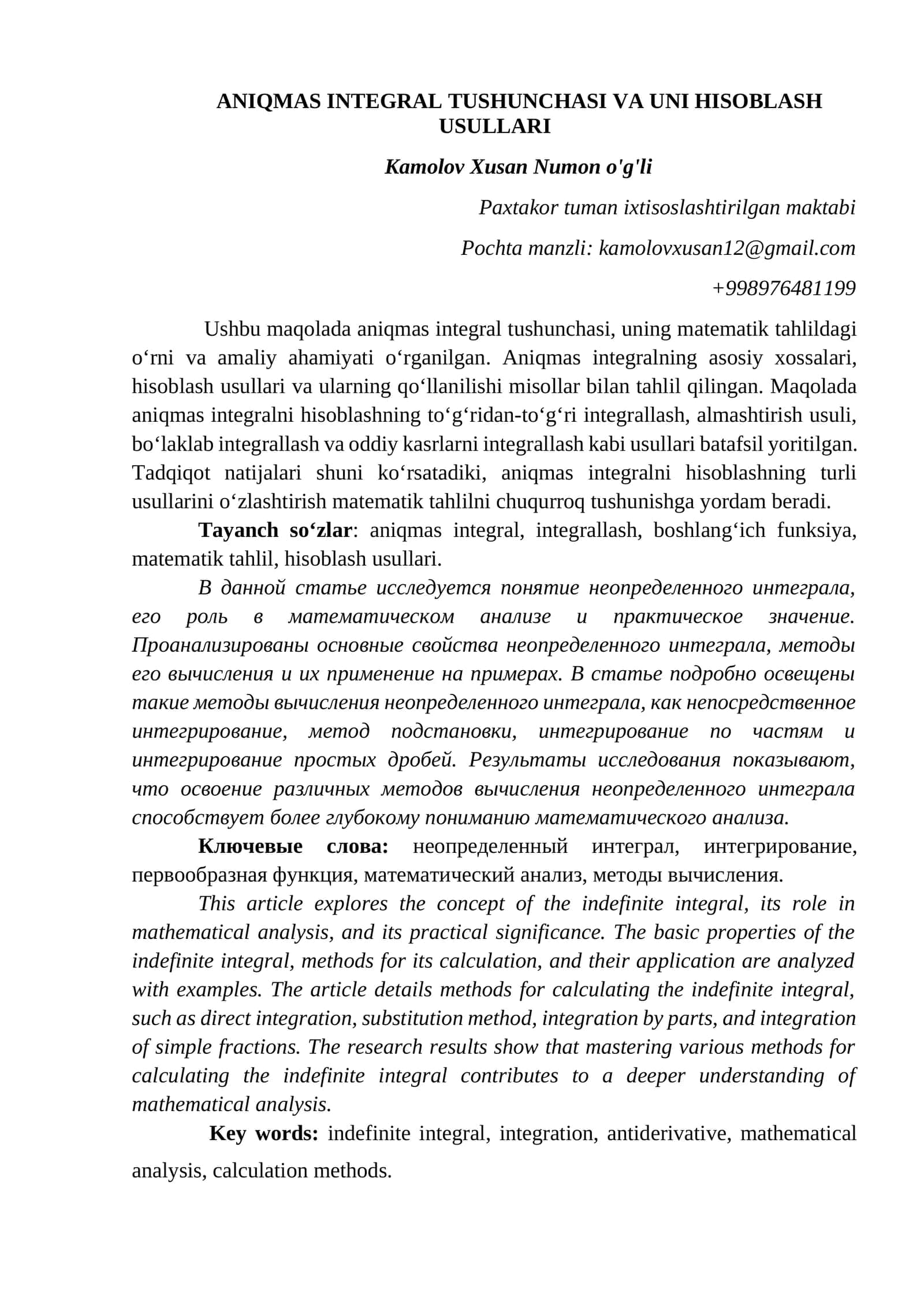 ANIQMAS INTEGRAL TUSHUNCHASI VA UNI HISOBLASH USULLARI 1